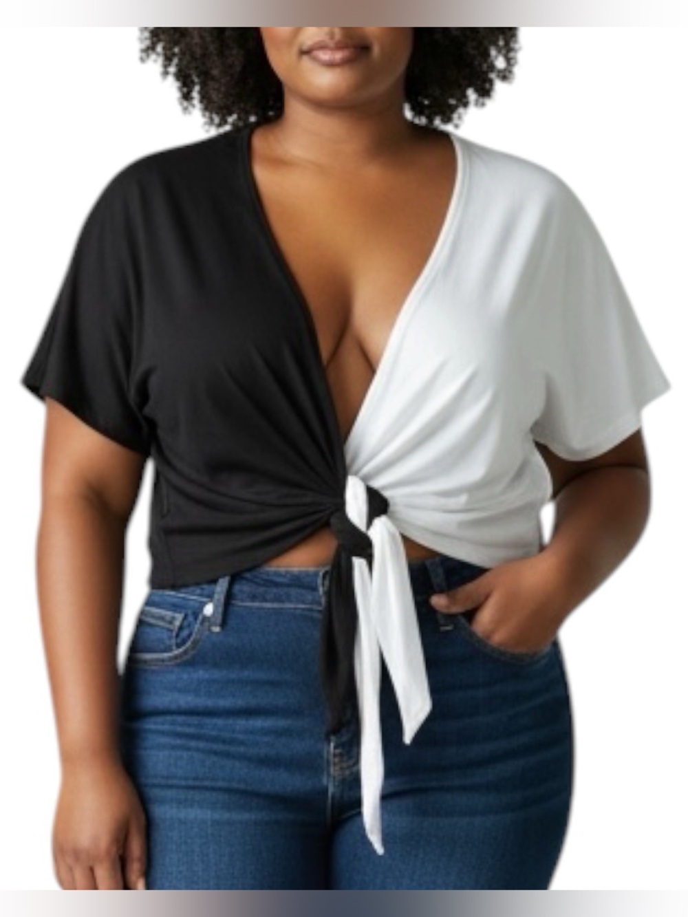 Eloquii Black & White Colorblock Wrap Tie-Front Crop Top